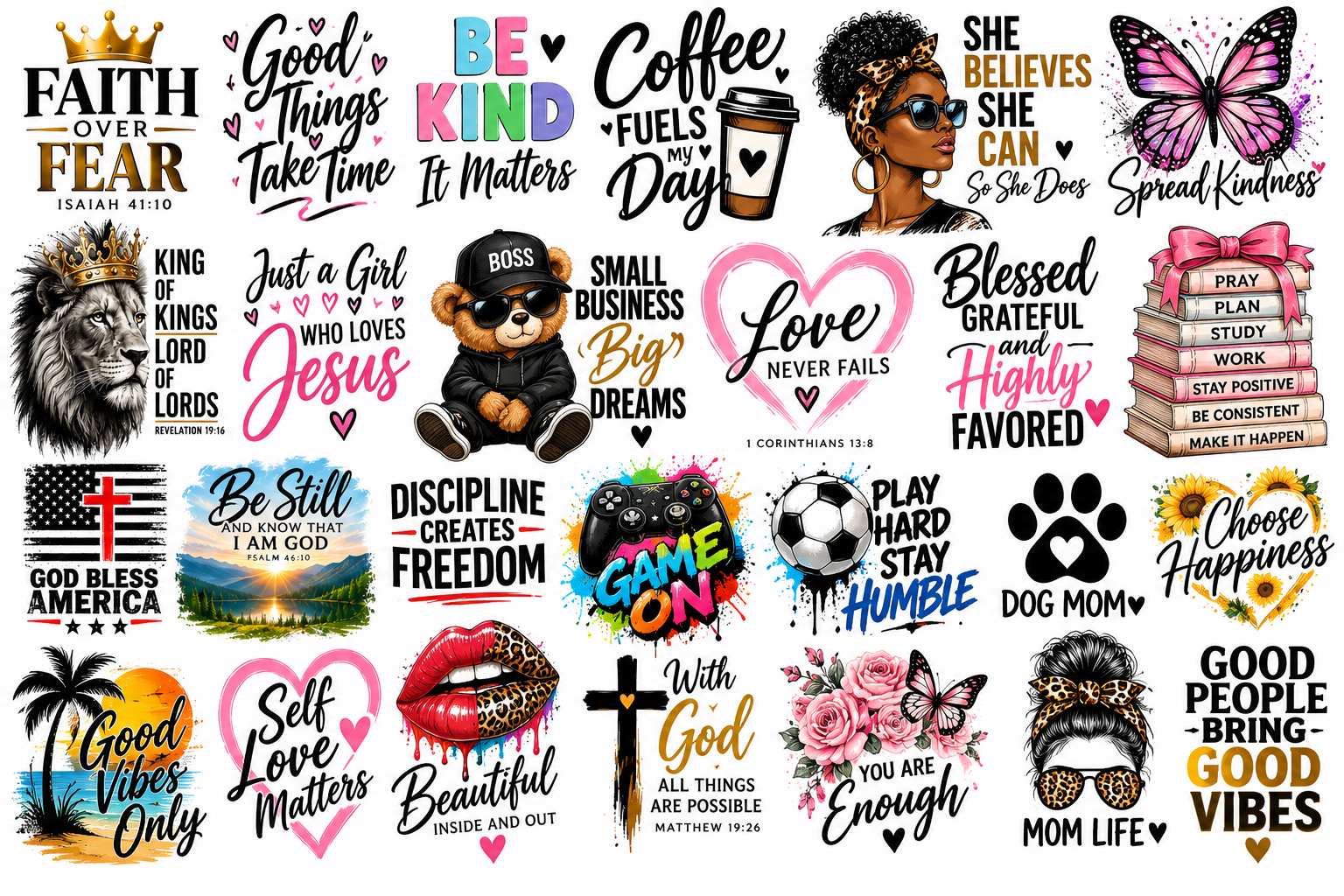 DTF design sheet — variety of full-color transfers including inspirational quotes, religious, sports, and lifestyle graphics