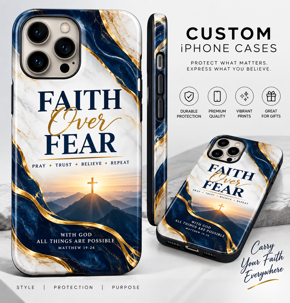 Custom UV DTF iPhone case — Faith Over Fear marble and gold design with cross and mountain sunrise
