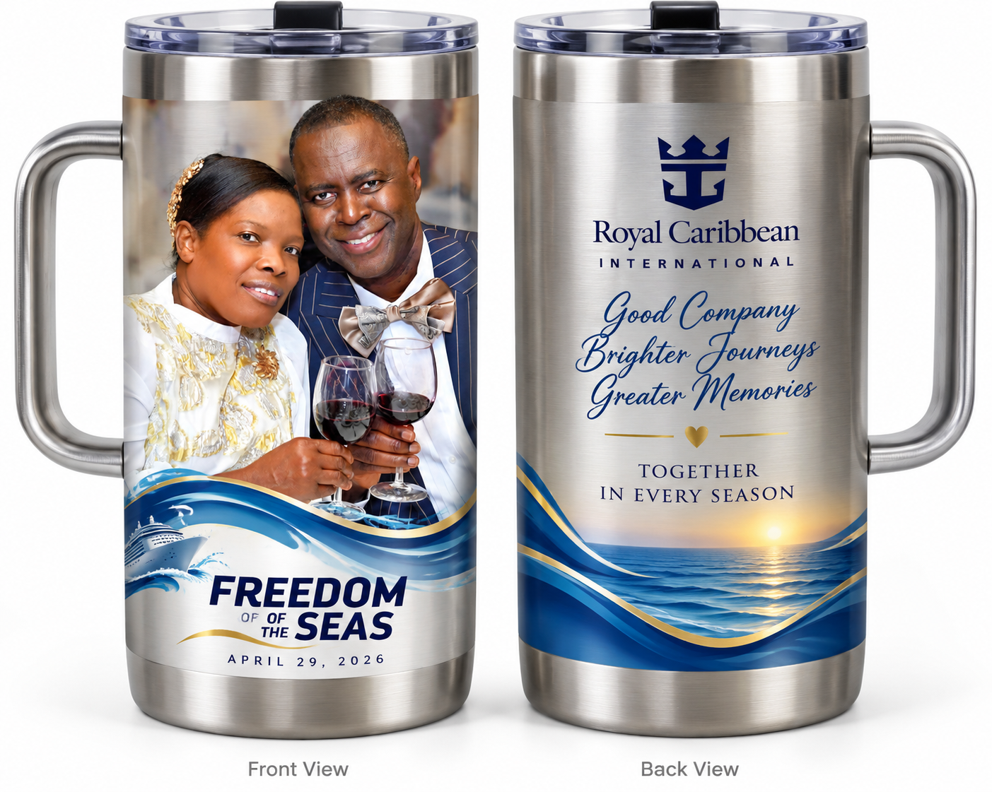 Custom UV DTF steel mug — Royal Caribbean cruise keepsake with couple photo and ocean design